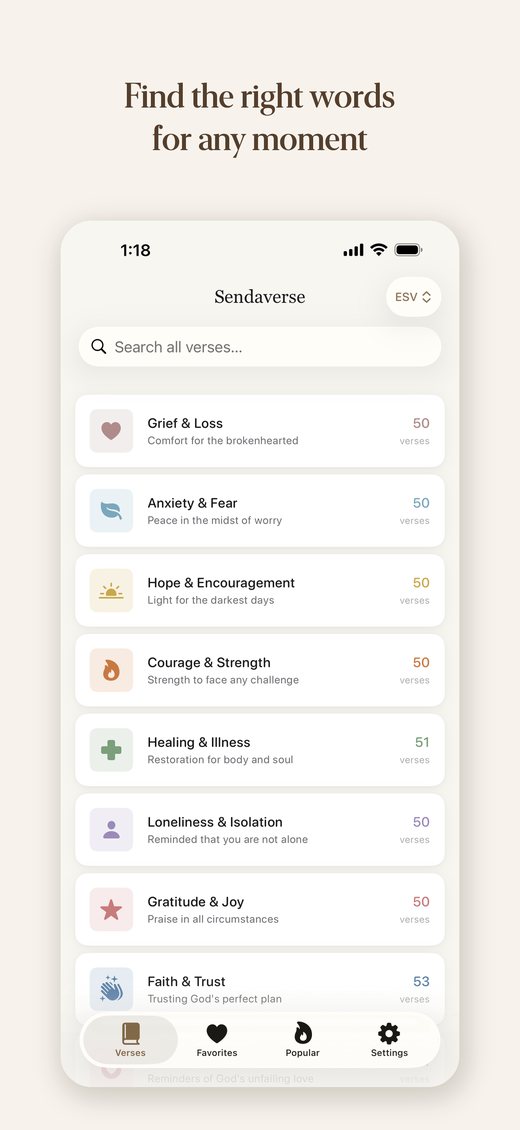 Sendaverse home screen: verses grouped by what someone is facing