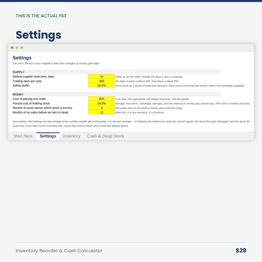 Inventory Reorder & Cash Calculator — screen settings