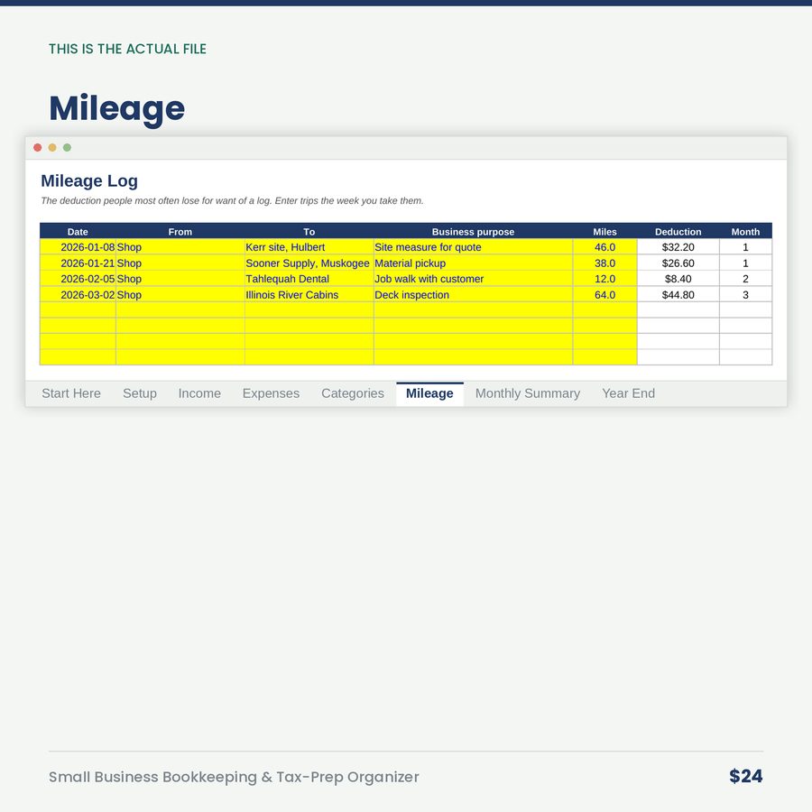 Small Business Bookkeeping & Tax-Prep Organizer — screen mileage