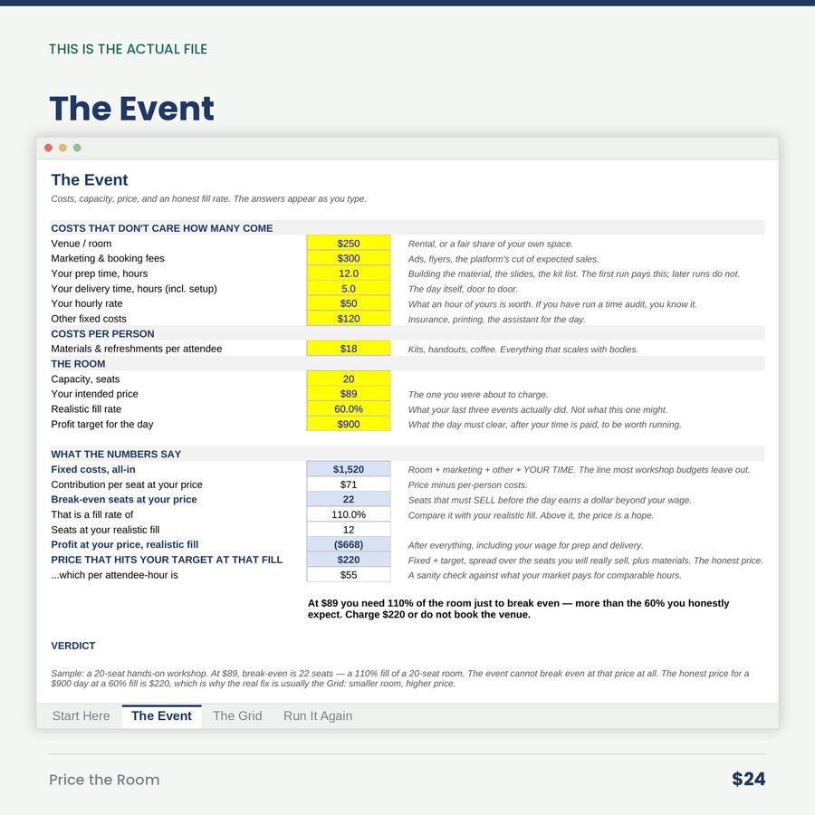 Price the Room: Workshop, Class & Event Pricing Calculator — screen the event