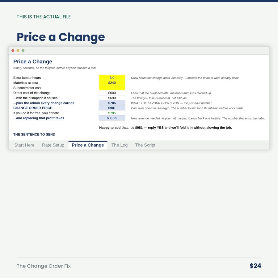 The Change Order Fix: Pricing Calculator & Giveaway Log — screen price a change