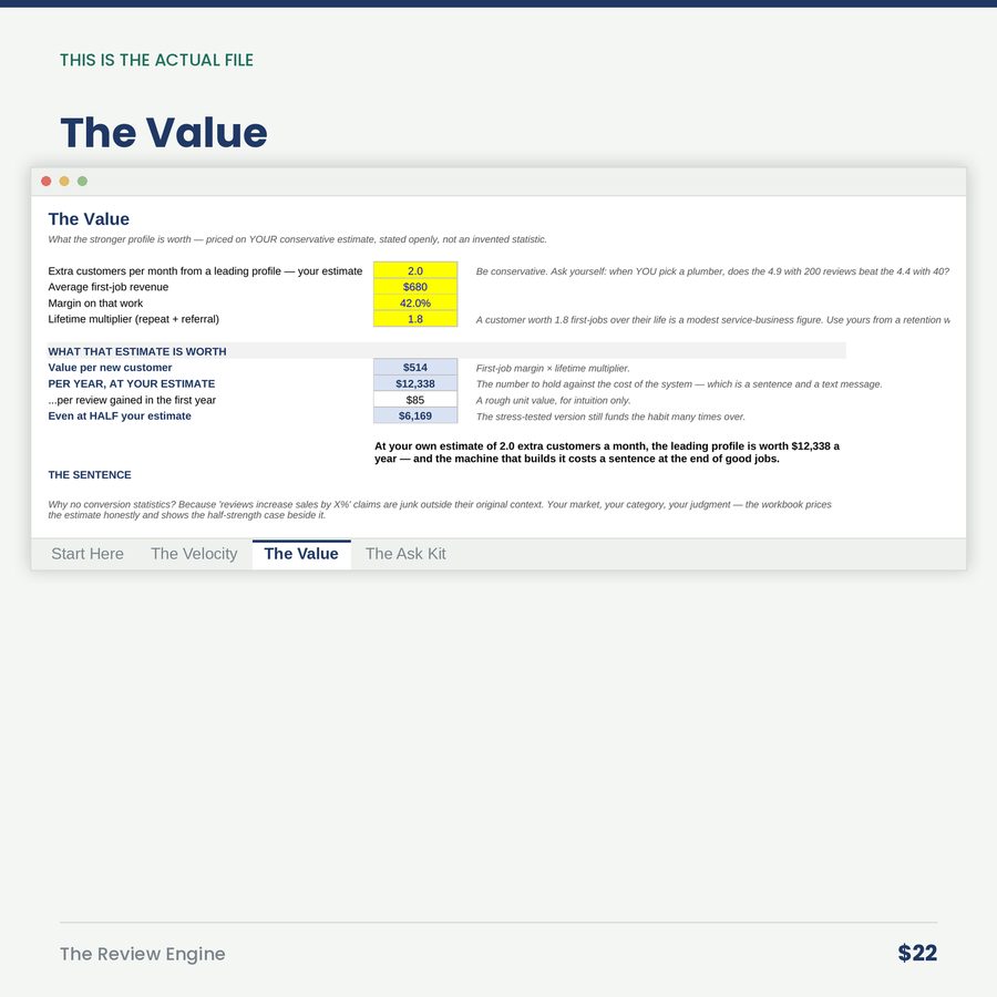 The Review Engine: Google Review Velocity & Value Calculator — screen the value