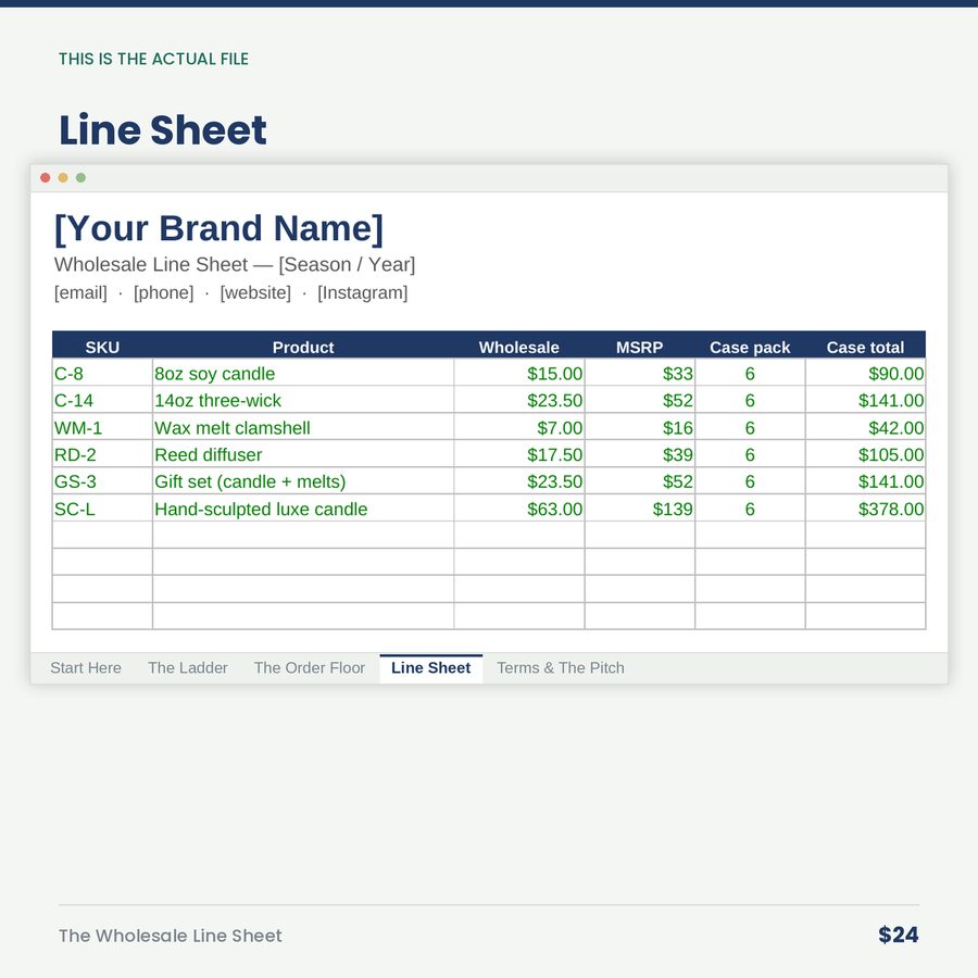 The Wholesale Line Sheet: Pricing Ladder & Buyer-Ready Sheet — screen line sheet