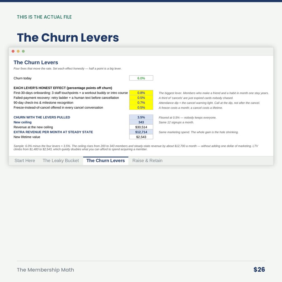 The Membership Math: Churn, the Ceiling & the Levers — screen the churn levers
