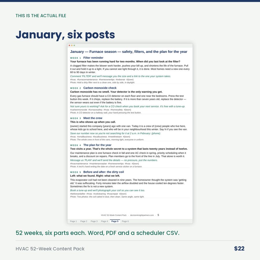 HVAC 52-Week Content Pack: A Year of Posts for a Heating & Air Company