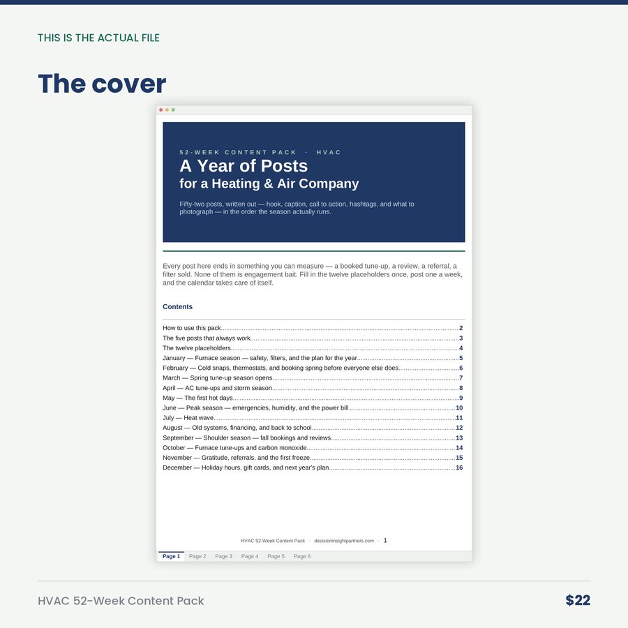 HVAC 52-Week Content Pack: A Year of Posts for a Heating & Air Company — screen cover