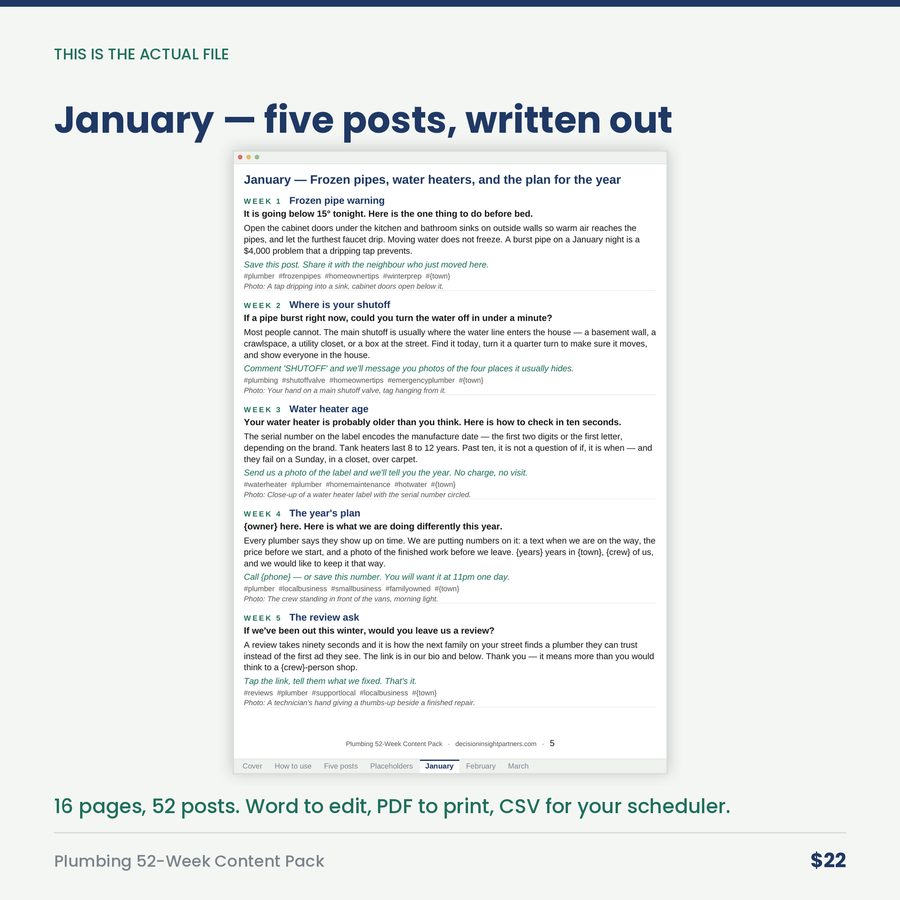 Plumbing 52-Week Content Pack: A Year of Posts for a Plumbing Company