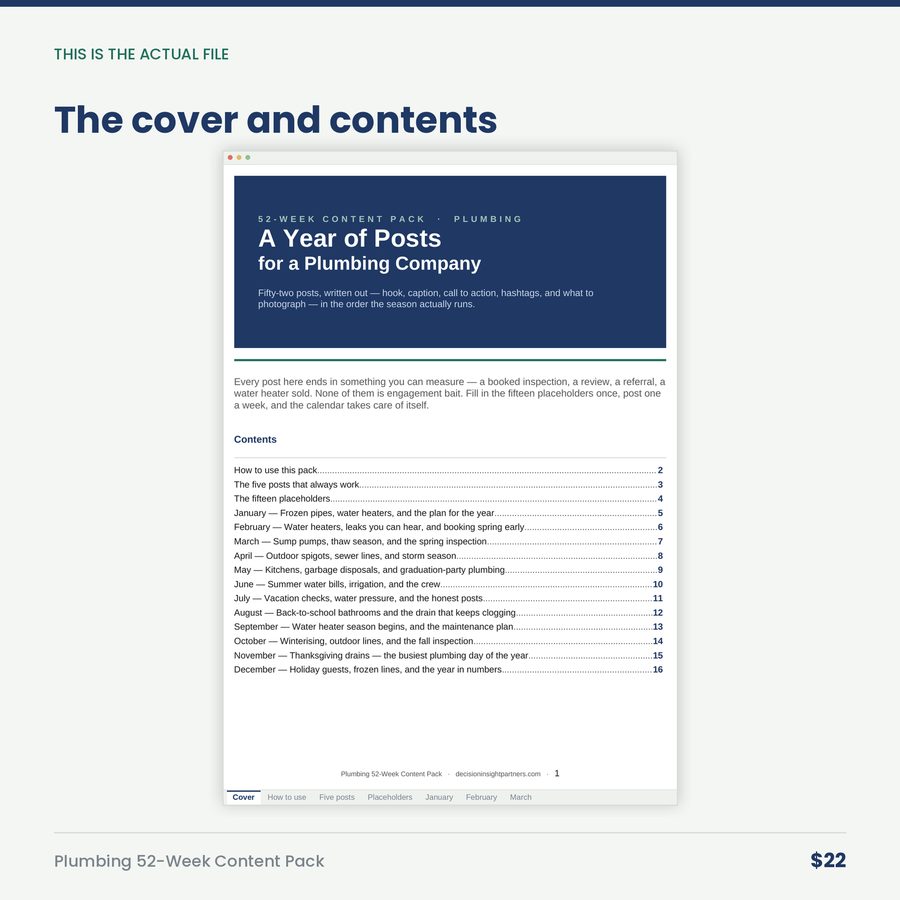 Plumbing 52-Week Content Pack: A Year of Posts for a Plumbing Company — screen cover