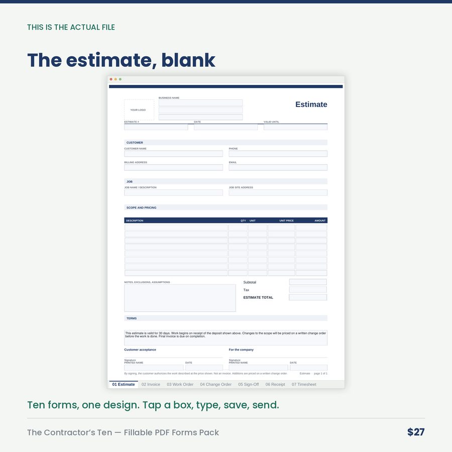 The Contractor's Ten: Fillable PDF Forms Pack