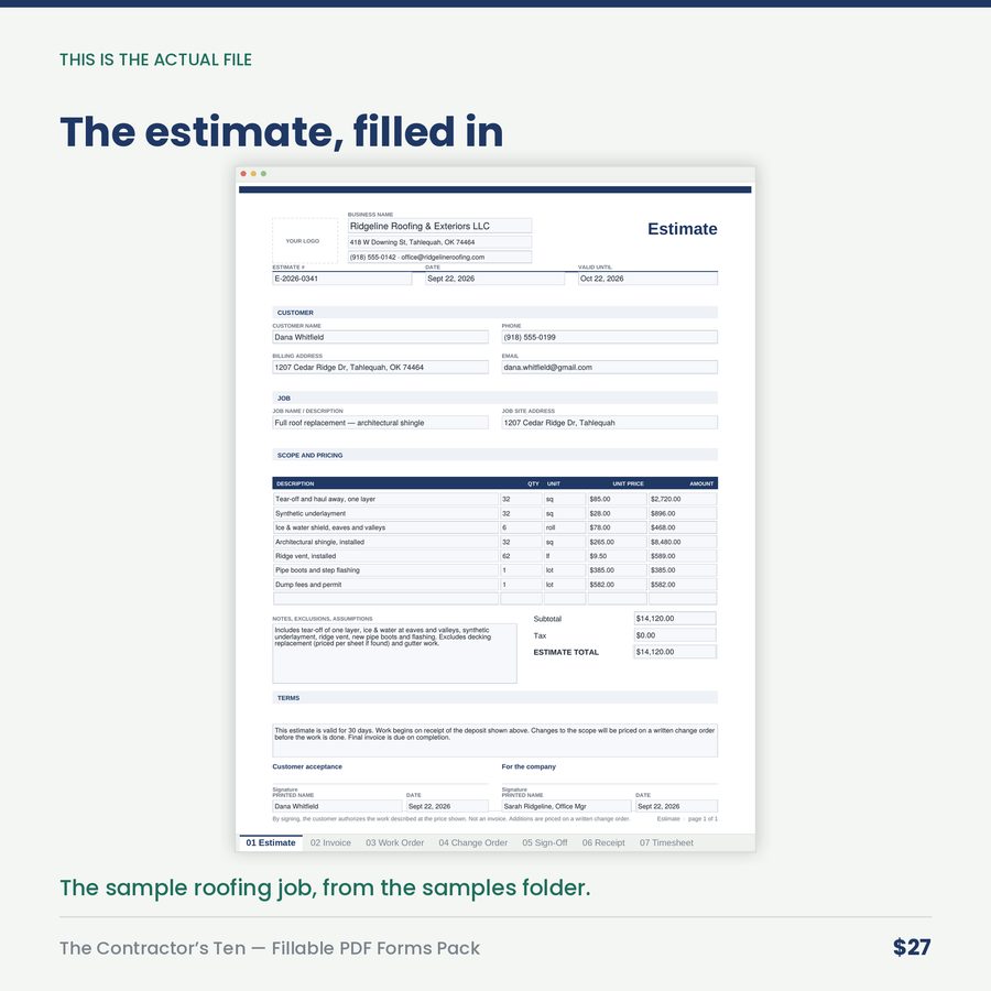 The Contractor's Ten: Fillable PDF Forms Pack — screen estimate filled