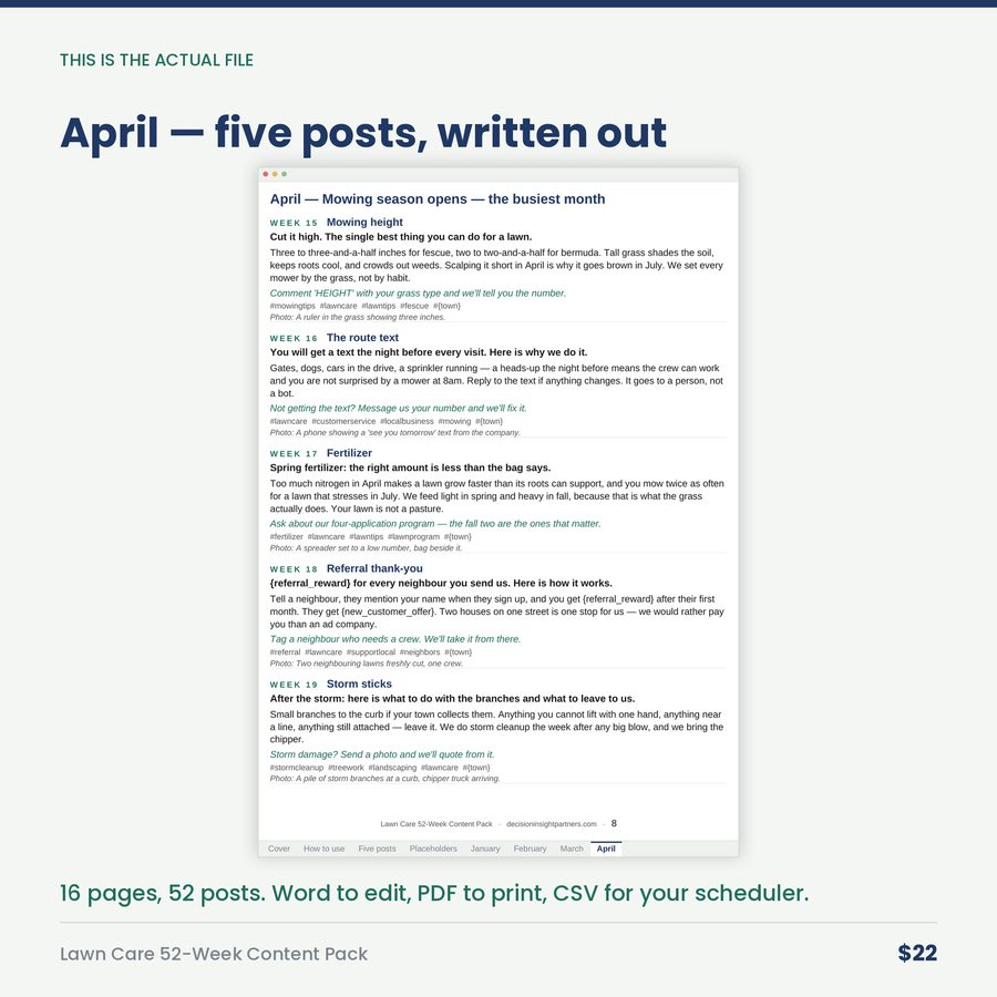 Lawn Care 52-Week Content Pack: A Year of Posts for a Lawn & Landscape Company