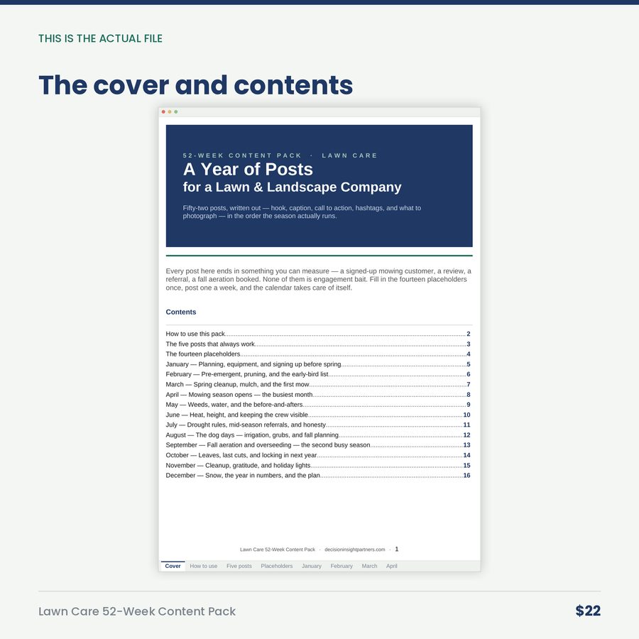 Lawn Care 52-Week Content Pack: A Year of Posts for a Lawn & Landscape Company — screen cover