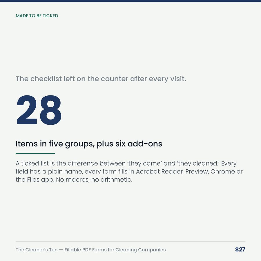 The Cleaner's Ten: Fillable PDF Forms Pack for Cleaning Companies — stat