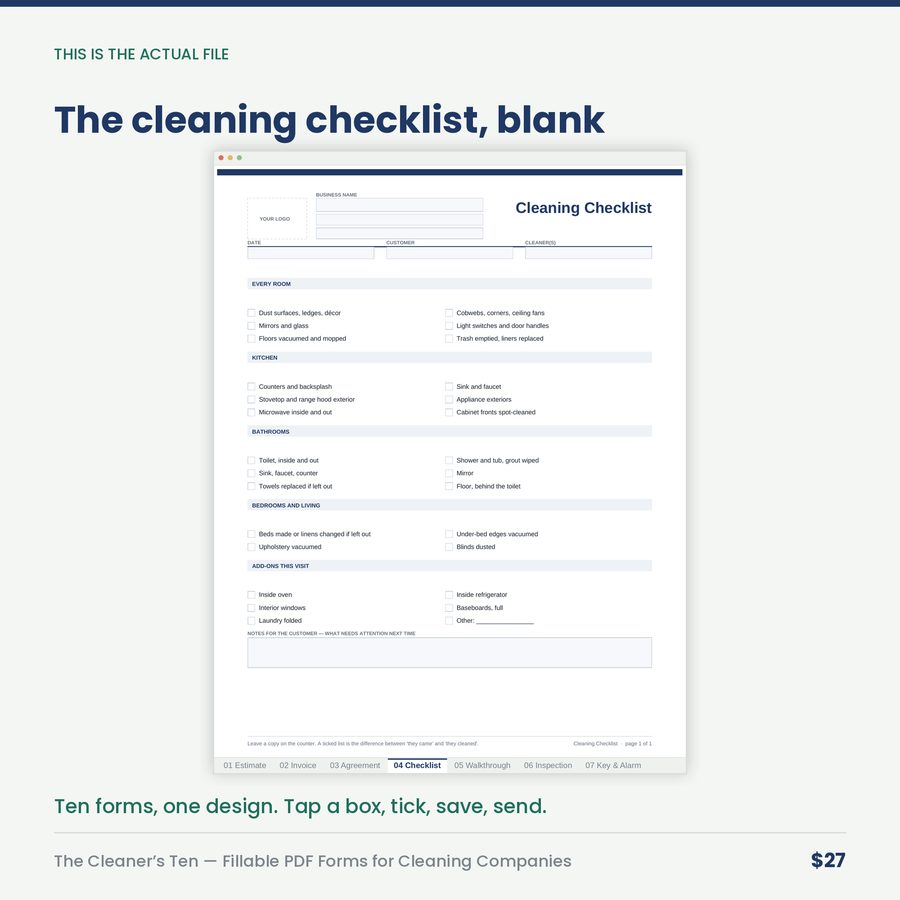 The Cleaner's Ten: Fillable PDF Forms Pack for Cleaning Companies