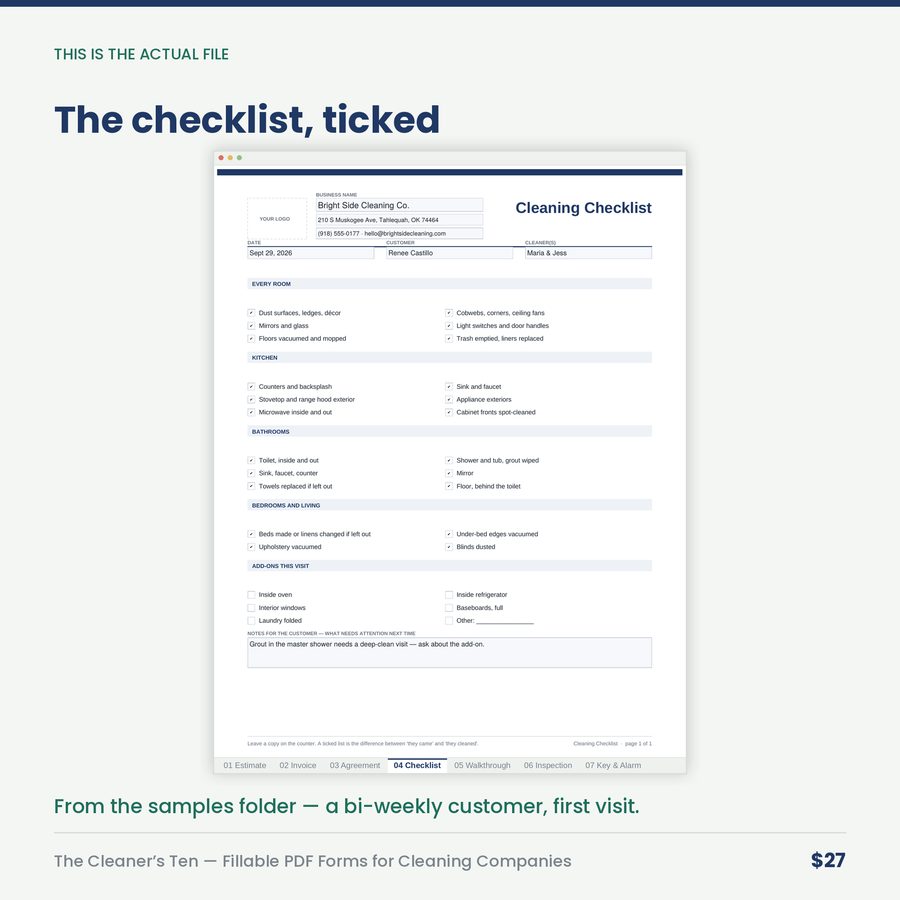 The Cleaner's Ten: Fillable PDF Forms Pack for Cleaning Companies — screen checklist filled